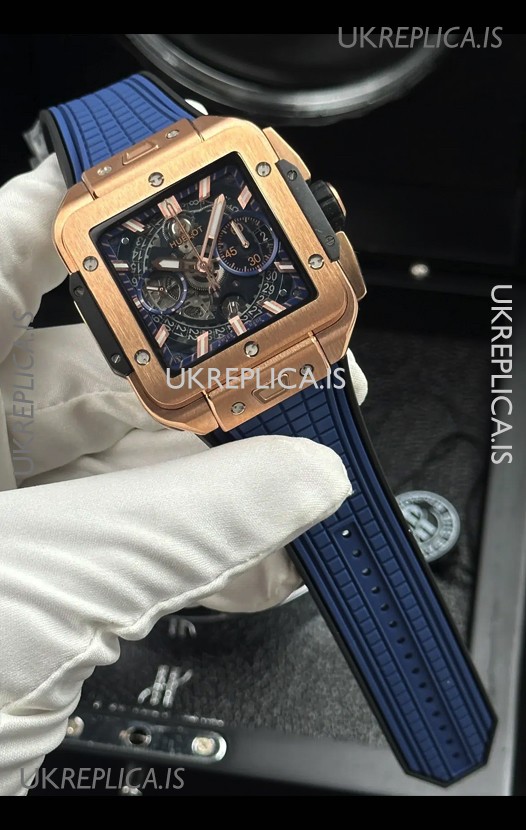 Hublot Square Bang Unico Rose Gold Case Blue Super Clone Watch 