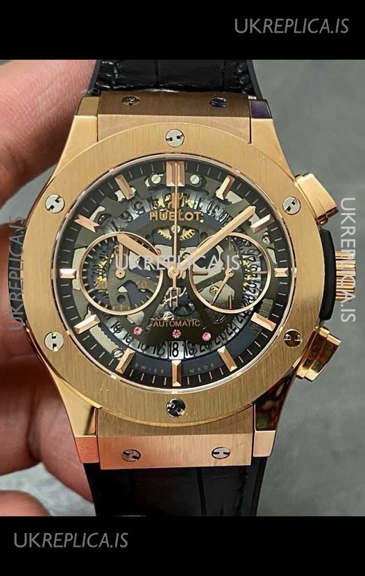 Hublot Classic Fusion Chronograph Rose Gold Skeleton Super Clone Watch 