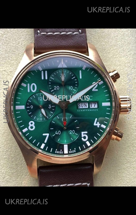 IWC PILOT'S Rose Gold Chronograph Green Dial Super Clone Watch 