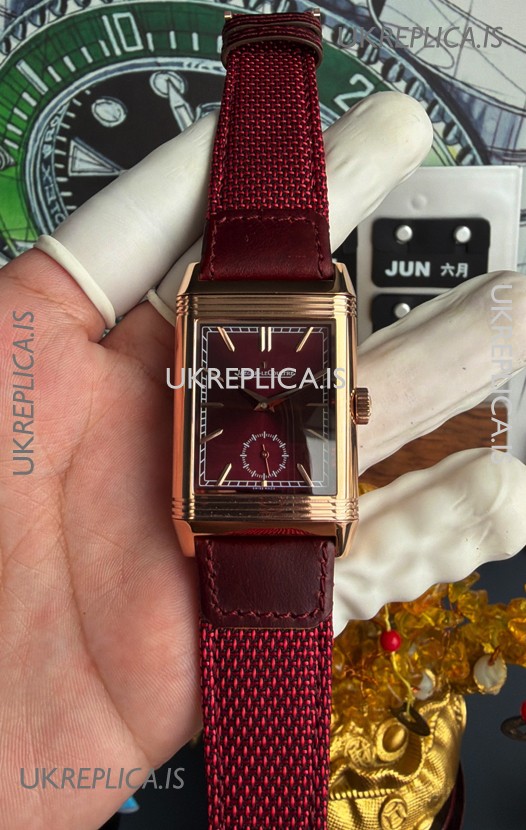 Jaeger-LeCoultre Reverso Tribute Duoface Rose Gold Burgundy & White Dial Super Clone Watch 