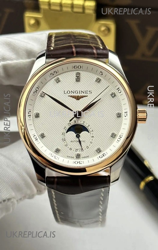 Longines Master Automatic Moonphase White Dial Rose Gold Super Clone Watch 