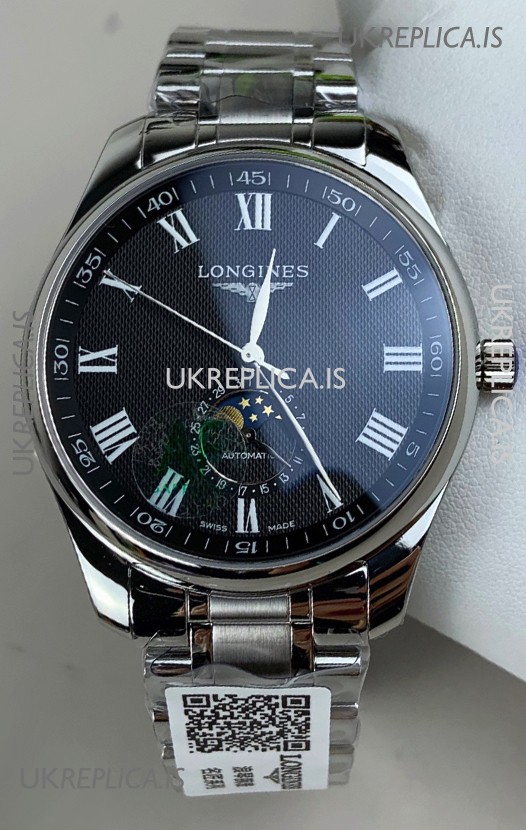 Longines Master Automatic Moonphase Black Dial Steel Case Super Clone Watch 