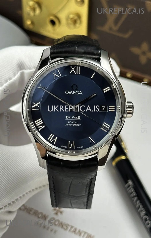 Omega De Ville Co-Axial 41MM Blue Dial Leather Strap Super Clone Watch 