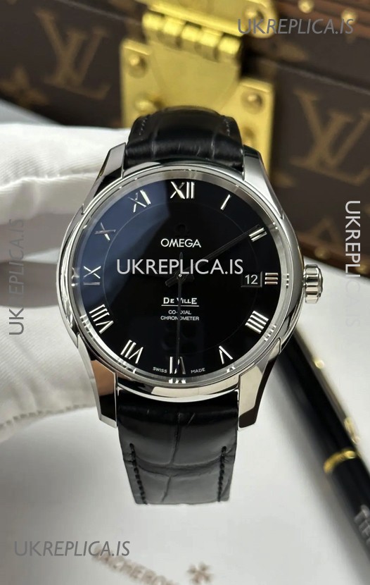 Omega De Ville Co-Axial 41MM Black Dial Leather Strap Super Clone Watch 
