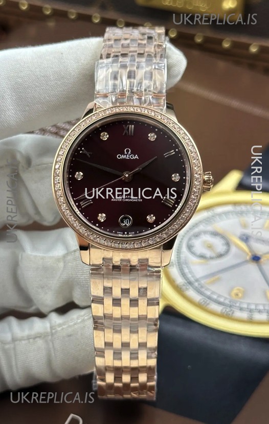 Omega De Ville Automatic 34MM Burgundy Dial Rose Gold Case Super Clone Watch 