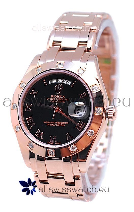 Rolex Day Date Rose Gold Swiss Replica Watch in Black Dial
