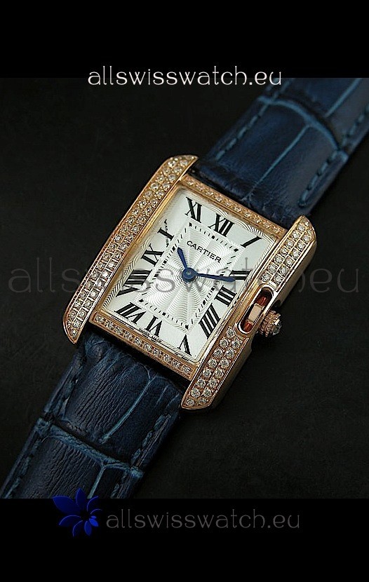 Cartier Louis Japanese Replica Ladies Rose Gold Diamond Watch in Blue Strap