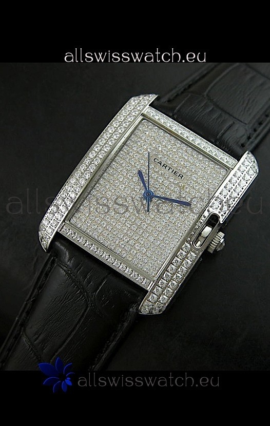 Cartier Tank Anglaise Ladies Replica Watch in Steel/Black Strap