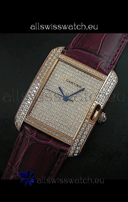 Cartier Tank Anglaise Ladies Replica Watch in Gold Case/Maroon Strap