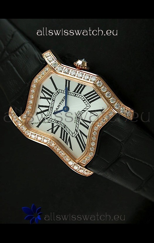 Cartier Tank Folle Ladies Replica Watch in Yellow Gold Case/Black Strap