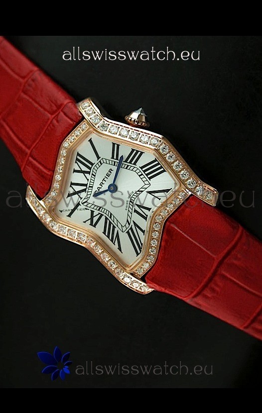 Cartier Tank Folle Ladies Replica Watch in Yellow Gold Case/Red Strap
