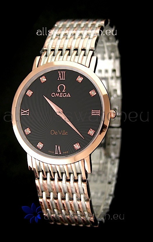 Omega DeVelie Japanese Replica Rose Gold Watch in Black Dial