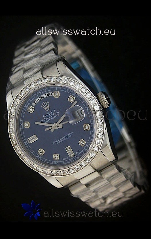 Rolex Day Date Just Japanese Replica Blue Watch in Full Diamond Bezel