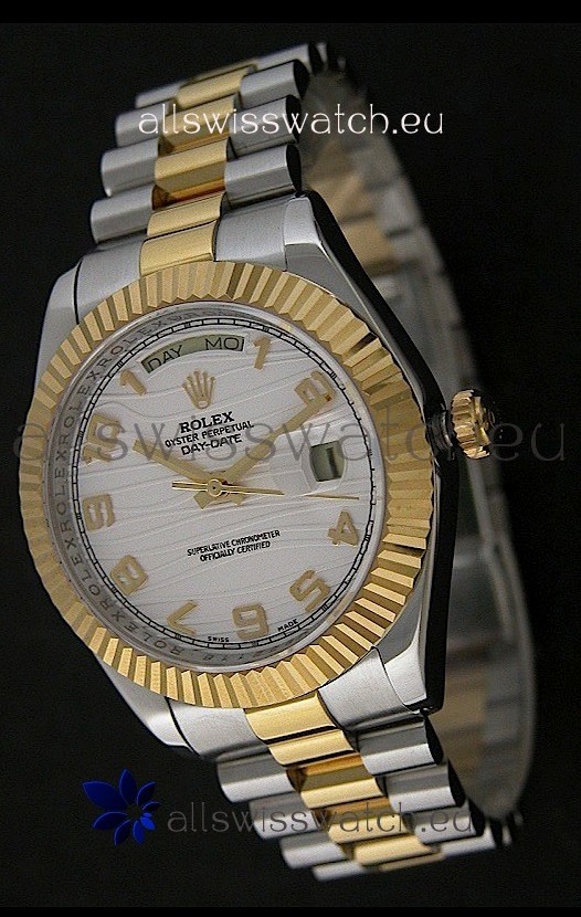 Rolex Day Date Just swiss Replica Two Tone Gold Watch in White Stripe Pattern Dial