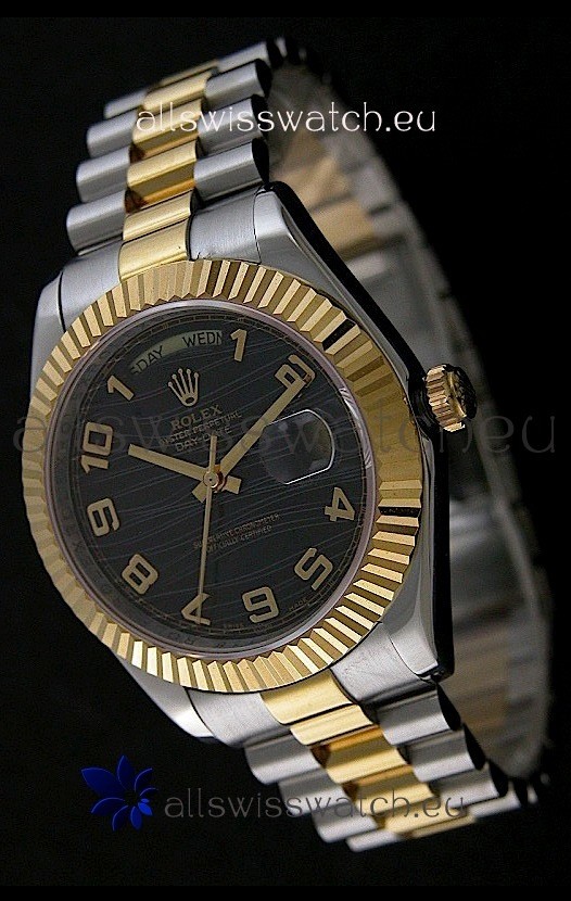 Rolex Datejust Swiss Replica Two Tone Yellow Gold Watch in Black Dial