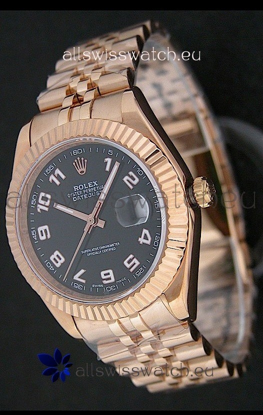 Rolex Datejust Swiss Replica Rose Gold Watch in Black Dial