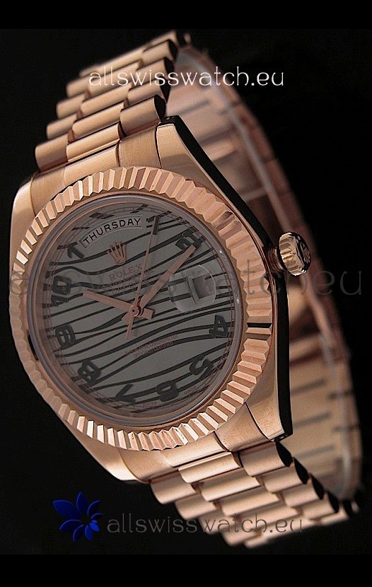Rolex Oyster Perpetual Day Date Swiss Replica Pink Gold Watch in Waves Pattern Dial
