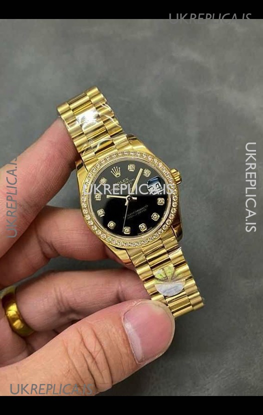 Rolex Datejust Ladies 28MM Black Dial Yellow Gold Super Clone Watch 