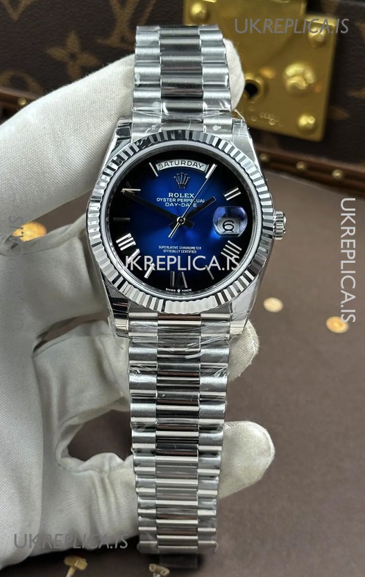 Rolex Day Date 228236 Stainless Steel Blue Ombre Roman Dial Super Clone Watch 