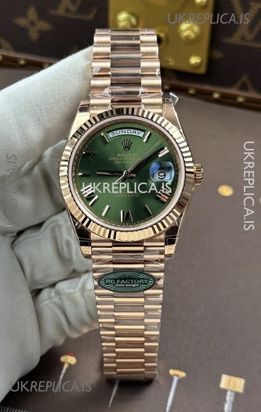 Rolex Day Date 228236 Rose Gold Green Roman Dial Super Clone Watch 