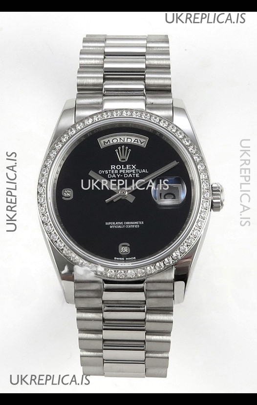 Rolex Day Date Black Dial Diamonds Bezel 36MM Swiss Replica Watch 