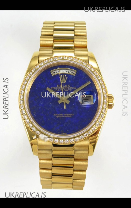Rolex Day Date Yellow Gold Blue Lapis Dial Diamonds Bezel 36MM Swiss Replica