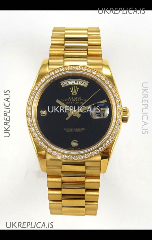 Rolex Day Date Yellow Gold Black Dial Diamonds Bezel 36MM Swiss Replica