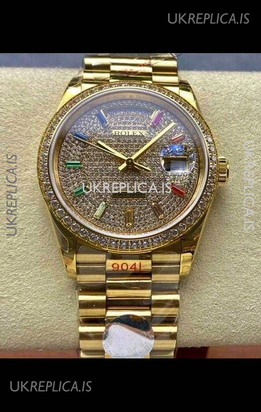 Rolex Day Date 128348RBR Yellow Gold Diamonds Dial Super Clone Watch 