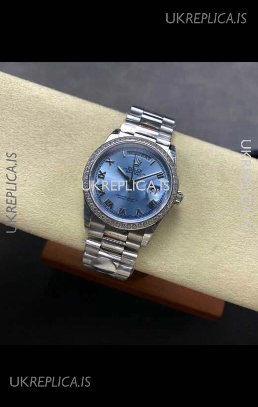 Rolex Day Date 128396TBR Steel Casing ICE Blue Roman Dial Swiss Replica Watch 