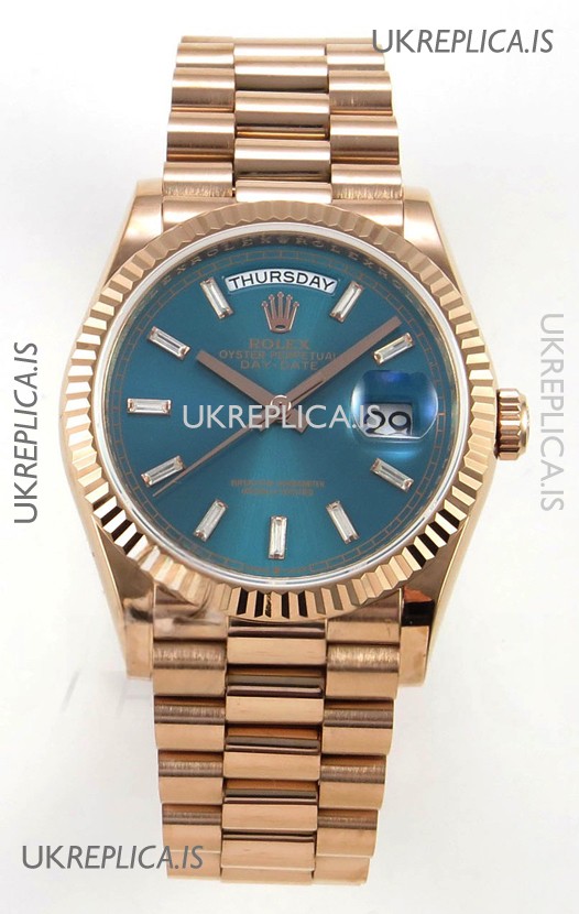 Rolex Day Date 128345 Rose Gold Green Crystal Dial Super Clone Watch 