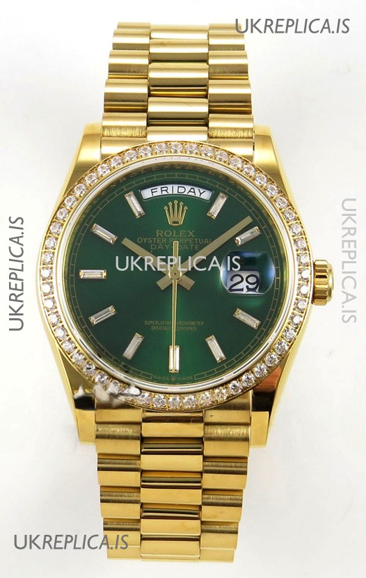 Rolex Day Date 128348 Yellow Gold Green Crystal Dial Diamonds Bezel Super Clone Watch 