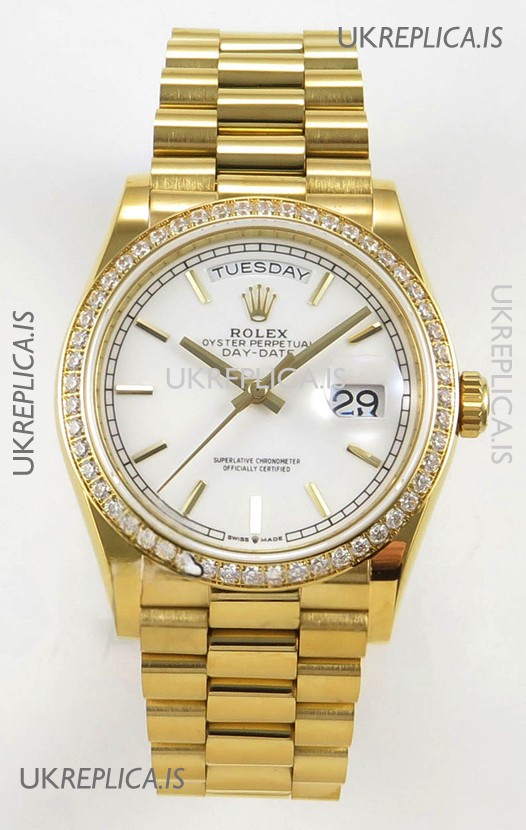 Rolex Day Date 128348 Yellow Gold White Dial Diamonds Bezel Super Clone Watch 