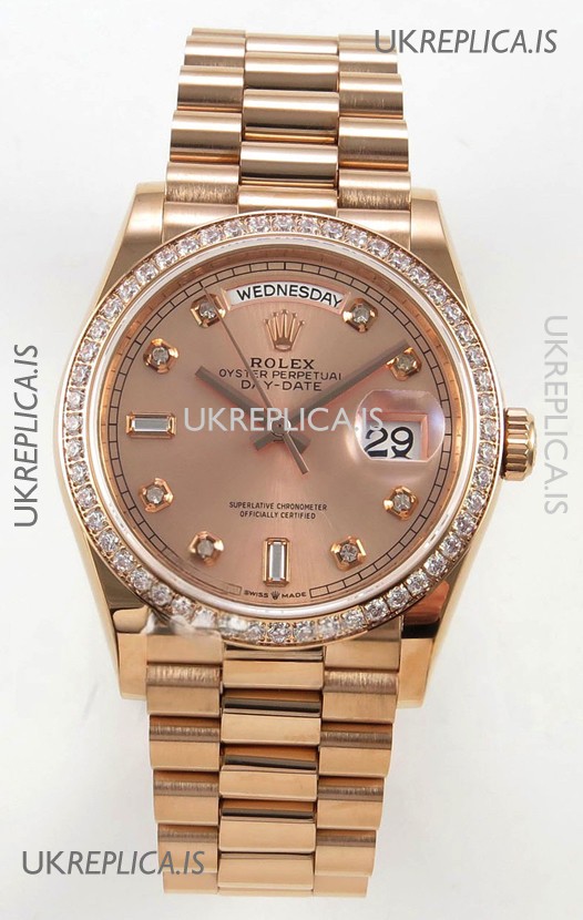 Rolex Day Date 128345 Rose Gold Diamonds Dial Super Clone Watch 