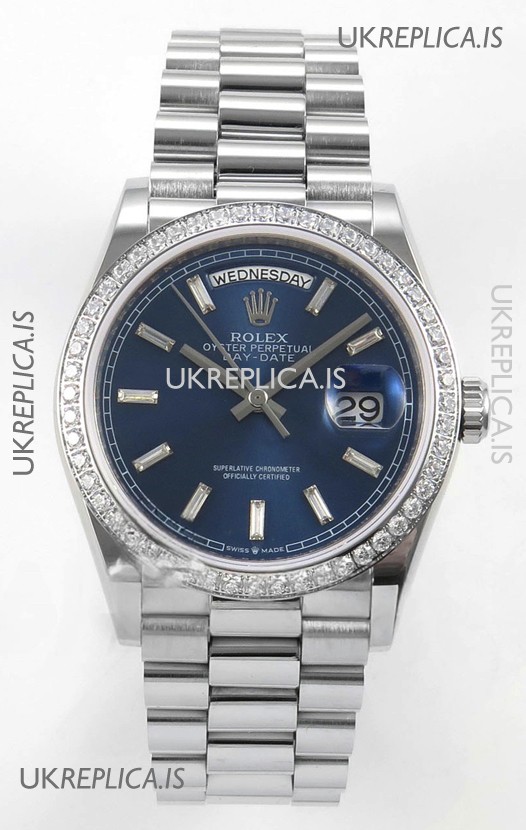 Rolex Day Date 128349 Stainless Steel Blue Crystal Dial Super Clone Watch 