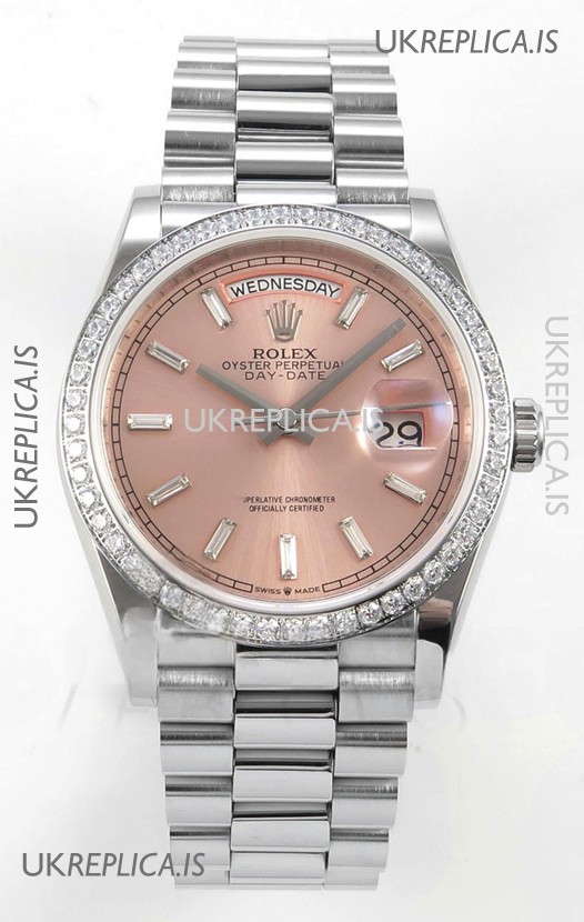 Rolex Day Date 128349 Stainless Steel Pink Crystal Dial Super Clone Watch 