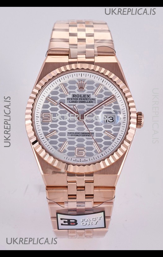 Rolex Land-Dweller 127336 Steel Honeycomb Dial Rose Gold 40MM Super Clone Watch 