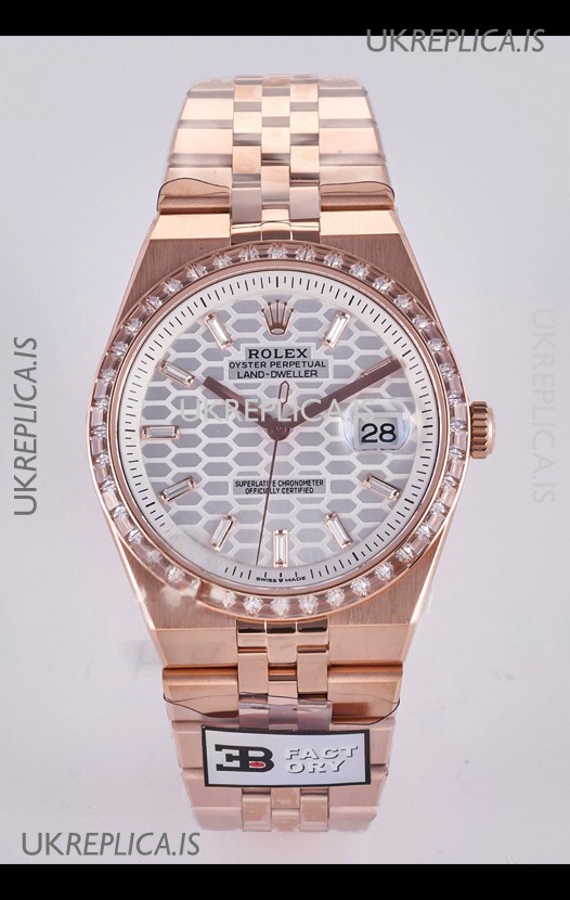 Rolex Land-Dweller 127336 Steel Honeycomb Dial Diamonds Rose Gold 40MM Super Clone Watch 