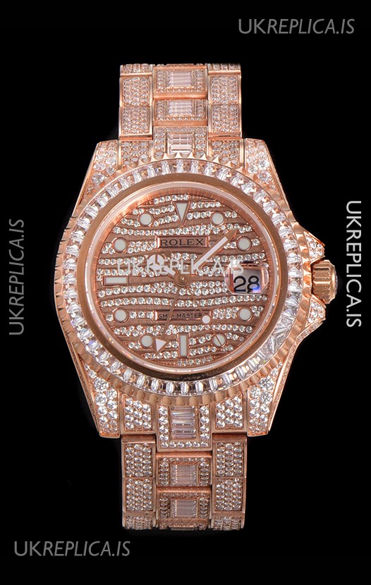 Rolex GMT Masters II Iced Out Dial/Casing Rose Gold Super Clone Watch