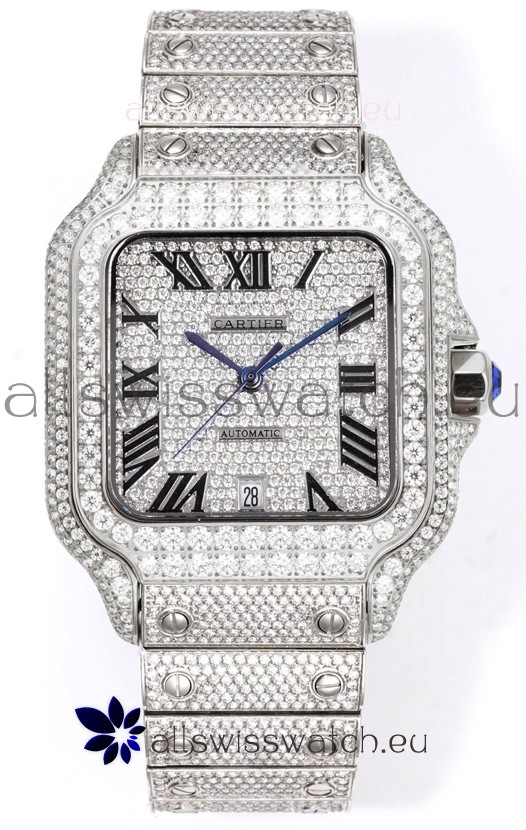 Cartier "Santos De Cartier" Stainless Steel W/ Diamonds Roman Dial 1:1 Mirror Replica - 40MM - Genuine Diamonds