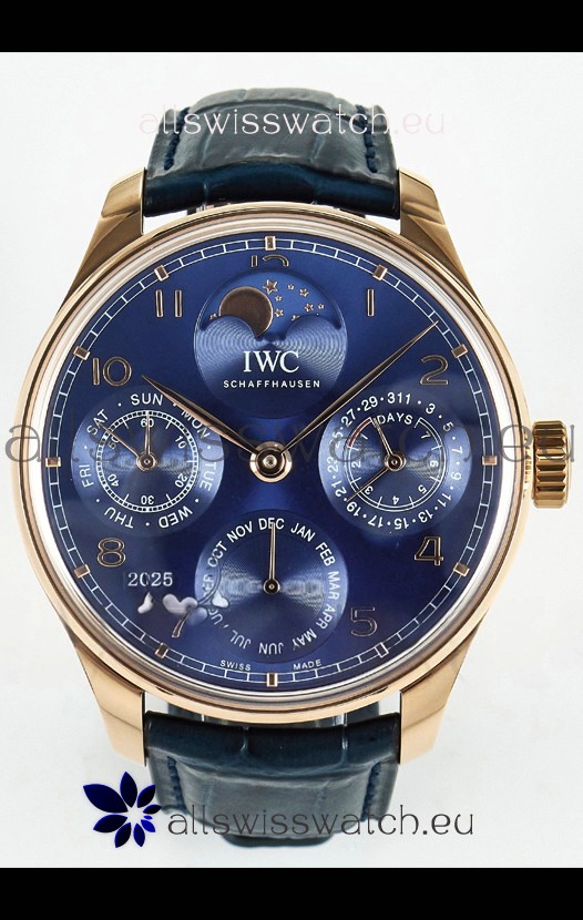 IWC Super Clone Portuguese Perpetual Calendar Rose Gold Blue Dial Replica Watch 