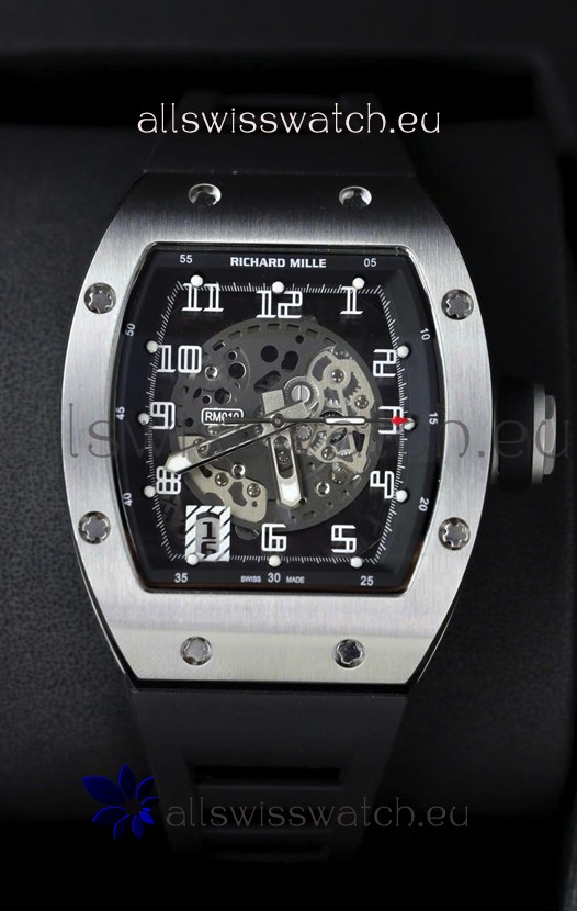 Richard Mille RM010 Stainless Steel Replica Watch in Black Strap