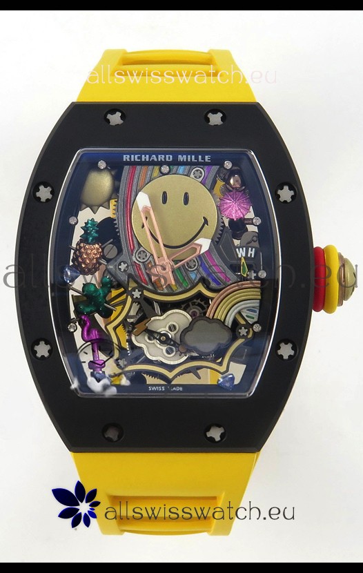 Richard Mille Super Clone RM088 Smiley Tourbillon Black Ceramic Rubber Strap Watch 