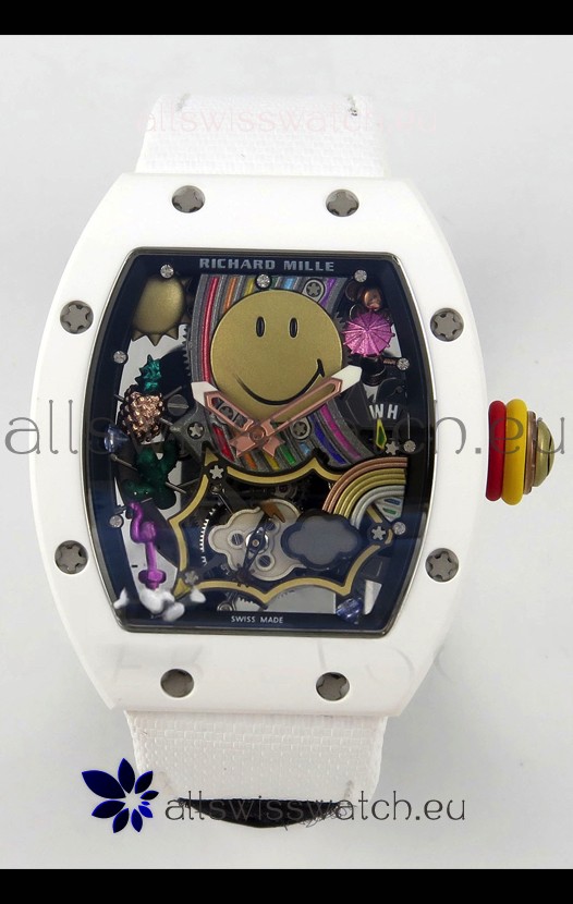 Richard Mille Super Clone RM088 Smiley Tourbillon White Ceramic Velcro Strap Watch 