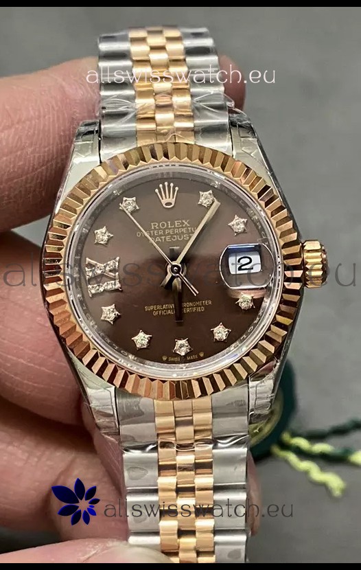 Rolex Datejust Super Clone Brown Dial 2 Tone Rose Gold Watch 28MM