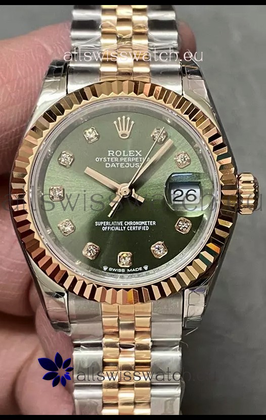 Rolex Datejust Super Clone Green Dial 2 Tone Rose Gold Watch 28MM