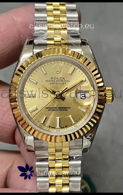 Rolex Datejust Super Clone Gold Dial 2 Tone Yellow Rose Gold Watch 28MM