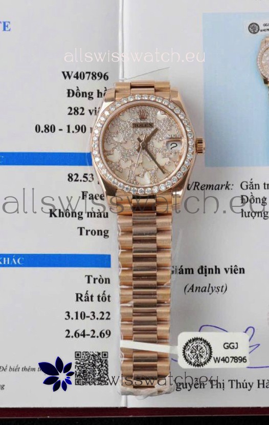 Rolex Datejust Super Clone Mossanites Butterfly Dial 31MM Rose Gold Watch 