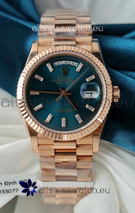 Rolex Day Date Super Clone Rose Gold Blue Dial Crystal Numerals Watch 36MM - 1:1 Mirror Quality