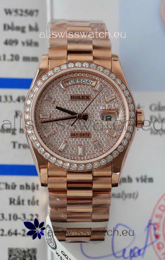 Rolex Day Date Super Clone Rose Gold Plated Custom Modified Diamonds Paved Watch