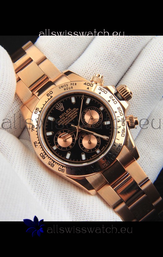 Rolex Daytona Japanese Movement Gold Casing Replica Watch in Black Dial